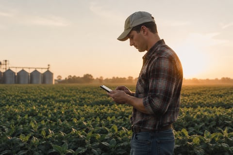 Grower standing in a field at sunset